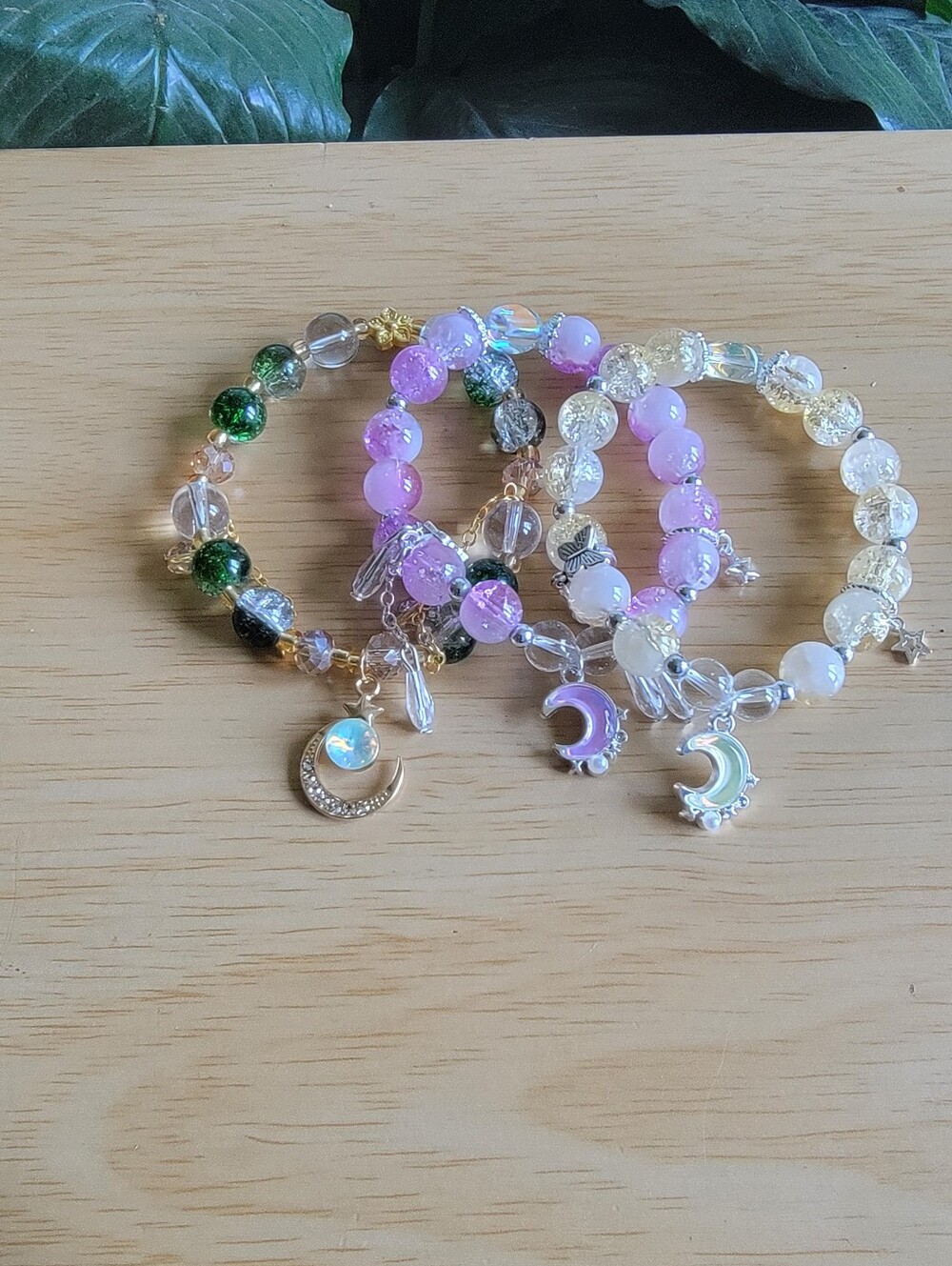 Handceafted Set Of 3 Lunar Charm Bling Beaded Stretch Bracelet
